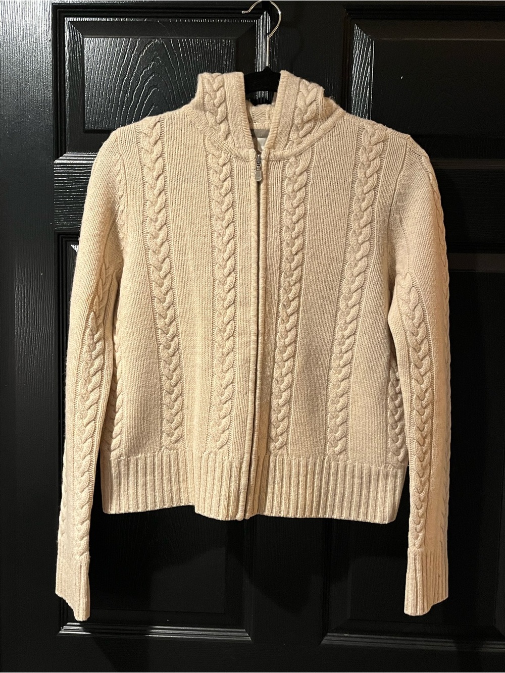 J. Crew 100% Lambswool Cable-Knit Zip Hoodie Sweater - Cream